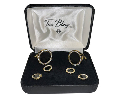 set of onyx cufflinks and studs with crystals in a gold setting in a tux bling branded box