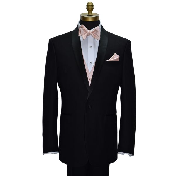 mannequin wearing a black shawl collar tuxedo with a petal color "tie-yourself" bowtie and petal vest against a white background