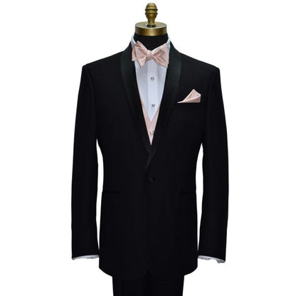mannequin wearing a black shawl collar tuxedo with a petal color "tie-yourself" bowtie and petal vest against a white background