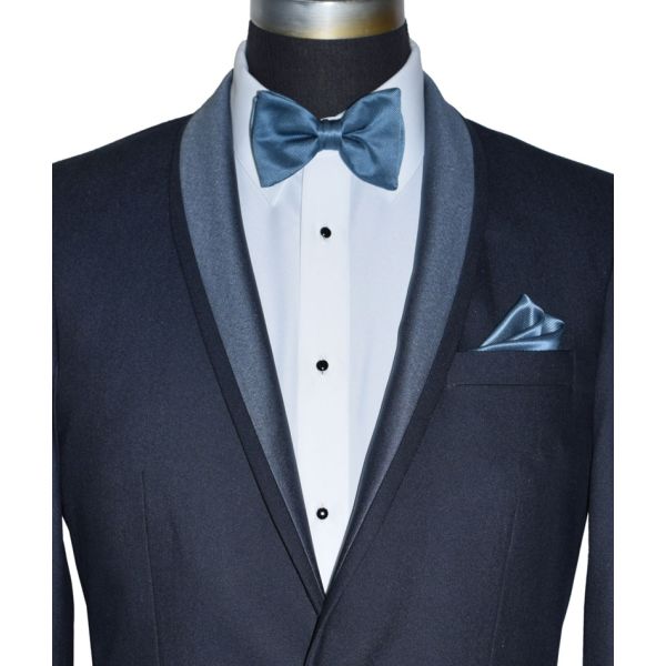 close-up view blue tuxedo wearing a serene bue "tie-yourself" bowtie on a mannequin against a white background