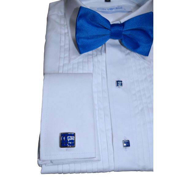 close-up white tuxedo shirt showing a royal bue bow-tie against a white background