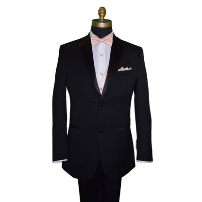Black tuxedo with "pre-tied" petal color bow tie, petal color vest and pocket square on a mannequin against a white background