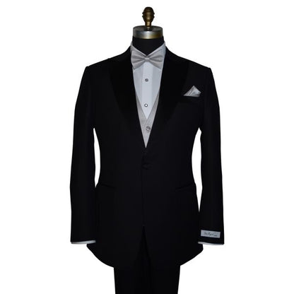  black tuxedo wearing a moonlight-gray "pre-tied" bowtie and vest with a tuxedo shirt and black tuxedo pants against a white background