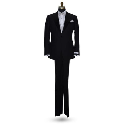 life size full mannequin wearing a black tuxedo with a white tuxdo shirt with a moonlight-gray "pre-tied" bowtie and vest against a white background