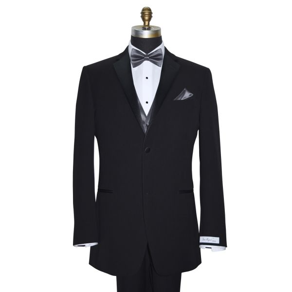 close up black tuxedo with a "San Miguel Especial" branded label wearing a charcoal pre-tied bowtie against a white background