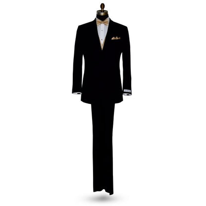 full life size mannequin wearing a black tuxedo with a white tuxedo shirt with a golden "pre-tied" bowtie and vest against a white background