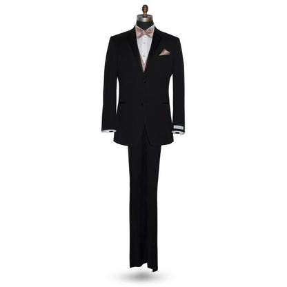 full life size mannequin wearing a black tuxedo with a rose-gold "tie-yourself" bowtie and vest with black tuxedo pants against a white background