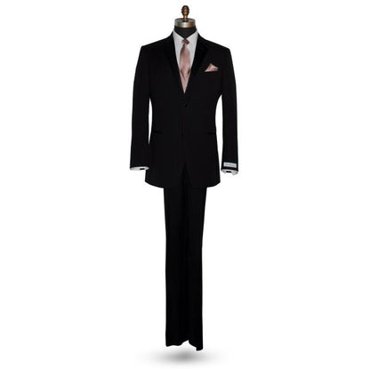 life-size mannequin wearing a black wedding suit with a white dress shirt and a rose-gold tuxedo vest with a rose-gold long necktie with subtle stipe against a white background