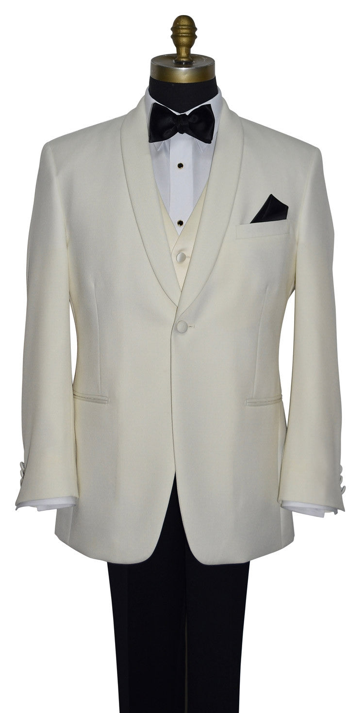 ivory shawl collar tuxedo on a mannequin with an off-white tuxedo vest and a black bowtie against a white background