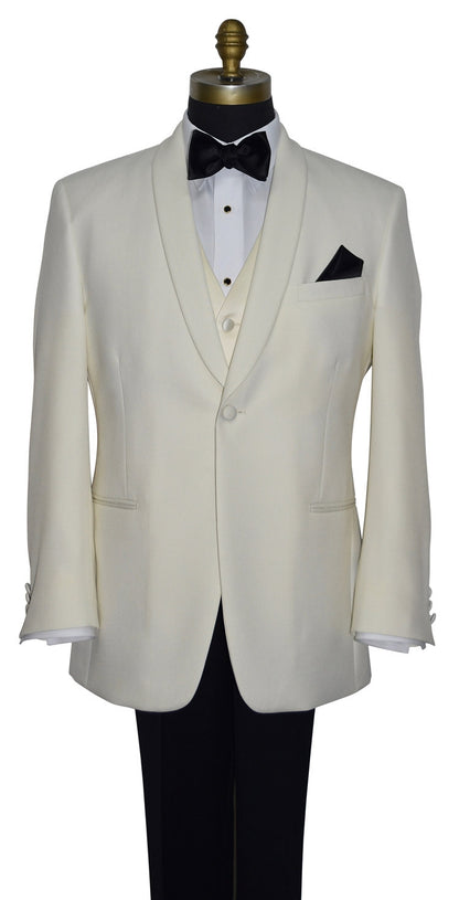 ivory shawl collar tuxedo on a mannequin with an off-white tuxedo vest and a black bowtie against a white background