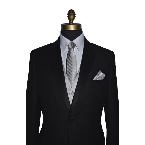 moonlight gray necktie with subtle stripe displayed on a mans black wedding suit against a white background