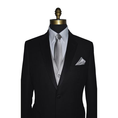 moonlight gray necktie with subtle stripe displayed on a mans black wedding suit against a white background