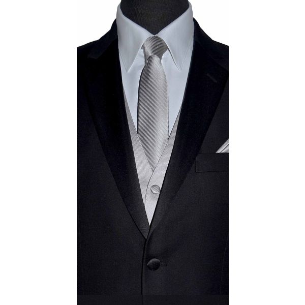 close-up moonlight gray dress necktie with a subtle stripe pattern, displayed on a mannequin wearing a black tuxedo and white shirt.