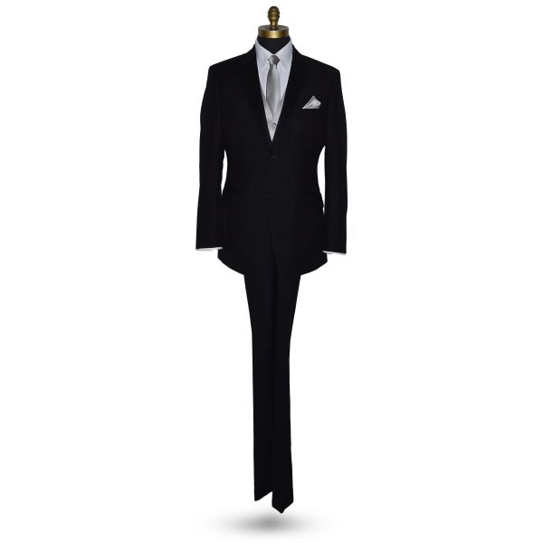 life size mannequin wearing a black wedding suit with a white shirt and moonlight gray vest and moonlight gray striped necktie against a white background