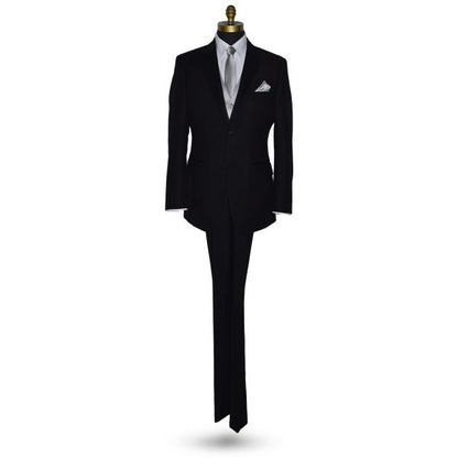 life size mannequin wearing a black wedding suit with a white shirt and moonlight gray vest and moonlight gray striped necktie against a white background