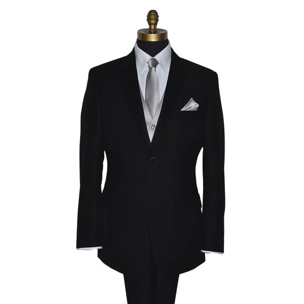 moonlight gray dress necktie with a subtle stripe pattern, displayed on a mannequin wearing a black notch-lapel tuxedo and white shirt.