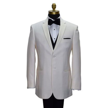 mannequin wearing an ivory tuxedo and black bowtie with black onyx cufflinks and studs against a white background