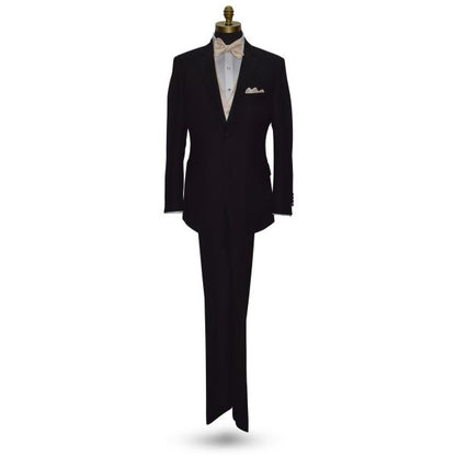 life size full mannequin wearing a black tuxedo with white tuxedo shirt and champagne "tie-yourself" bowtie and champagne vest against a white background