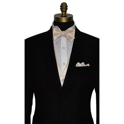 close-up mannequin wearing a black tuxedo with white tuxedo shirt and champagne "tie-yourself" bowtie and champagne vest against a white background
