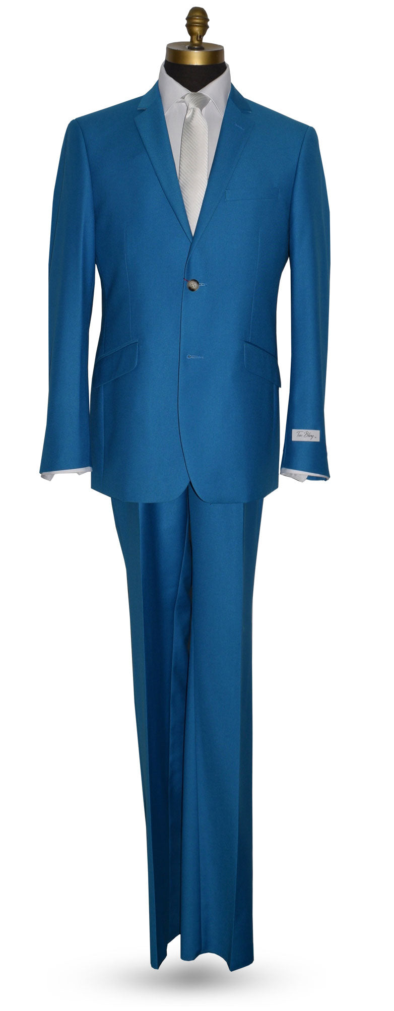 electric blue suit on a mannequin against a white background