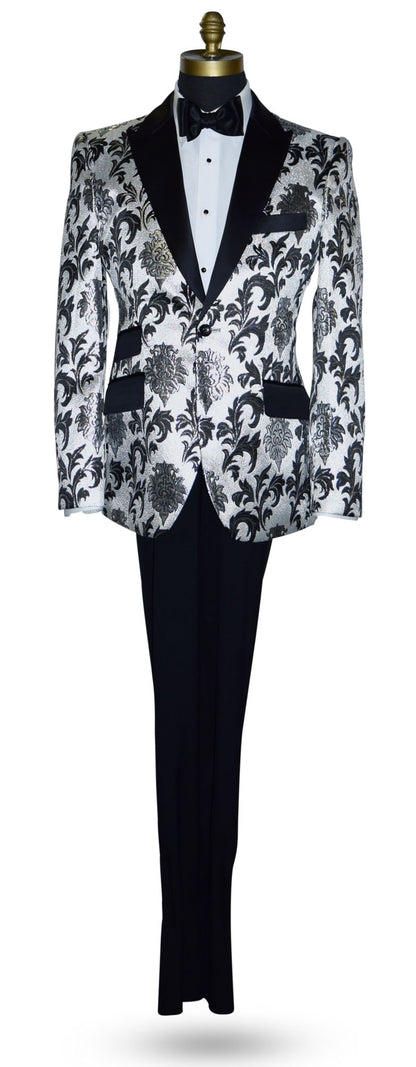 silver and black tuxedo with black peak lapel on mannequin with white shirt