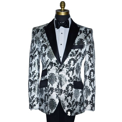 mannequin wearing a silver and black tuxedo with a black bowtie against a white background