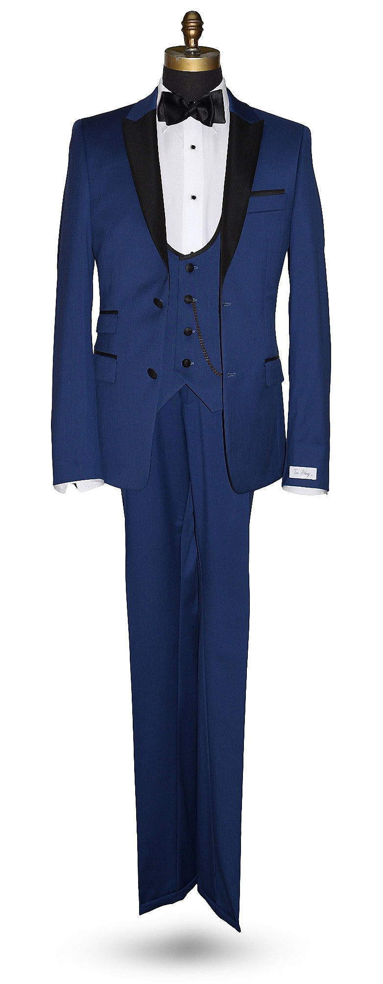 full length mannequin wearing a french blue 3 piece tuxedo and a black satin bowtie against a white wall 