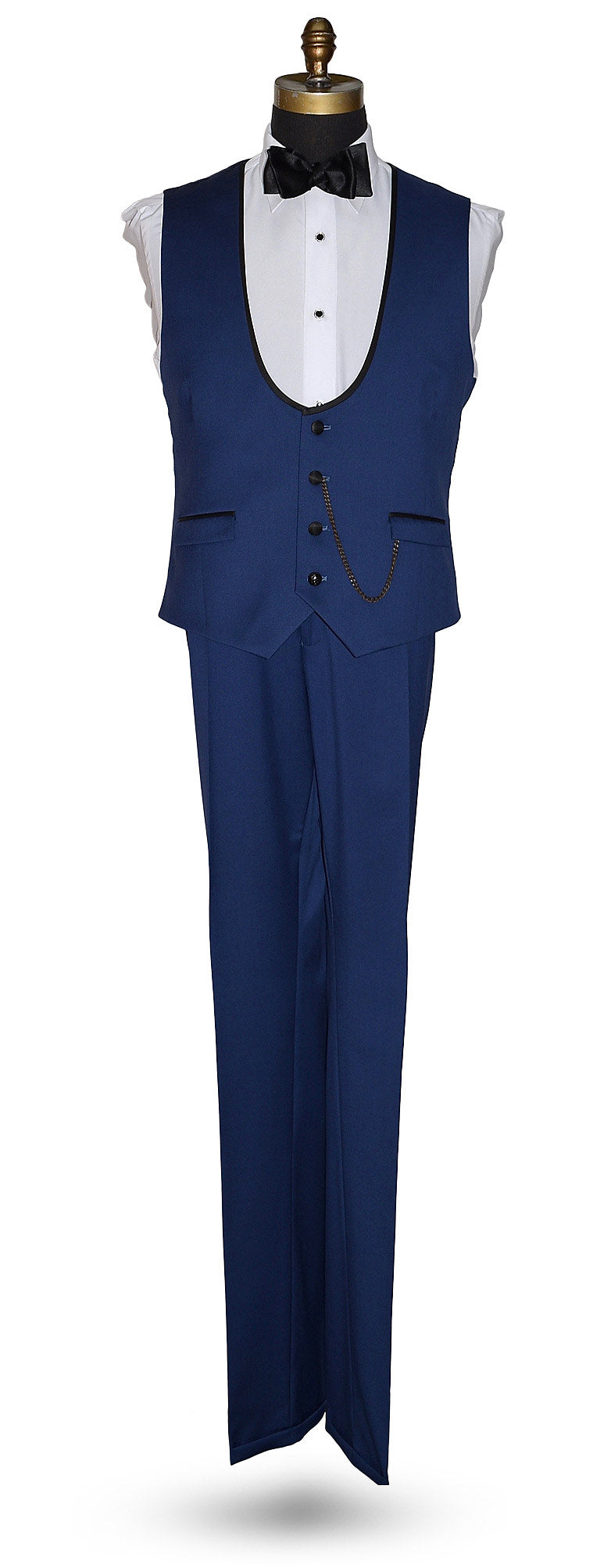 full length mannequin wearing a french blue tuxedo pants and matching vest with a black satin bowtie against a white wall 