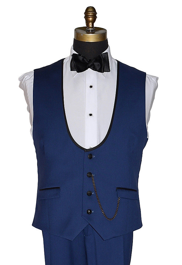 French blue vest with black bow tie on a mannequin against a white background