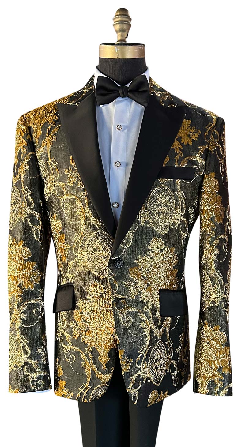 close-up center view of gold and black brocade tuxedo with black bowtie against a white background