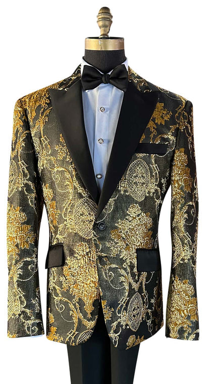 close-up center view of gold and black brocade tuxedo with black bowtie against a white background