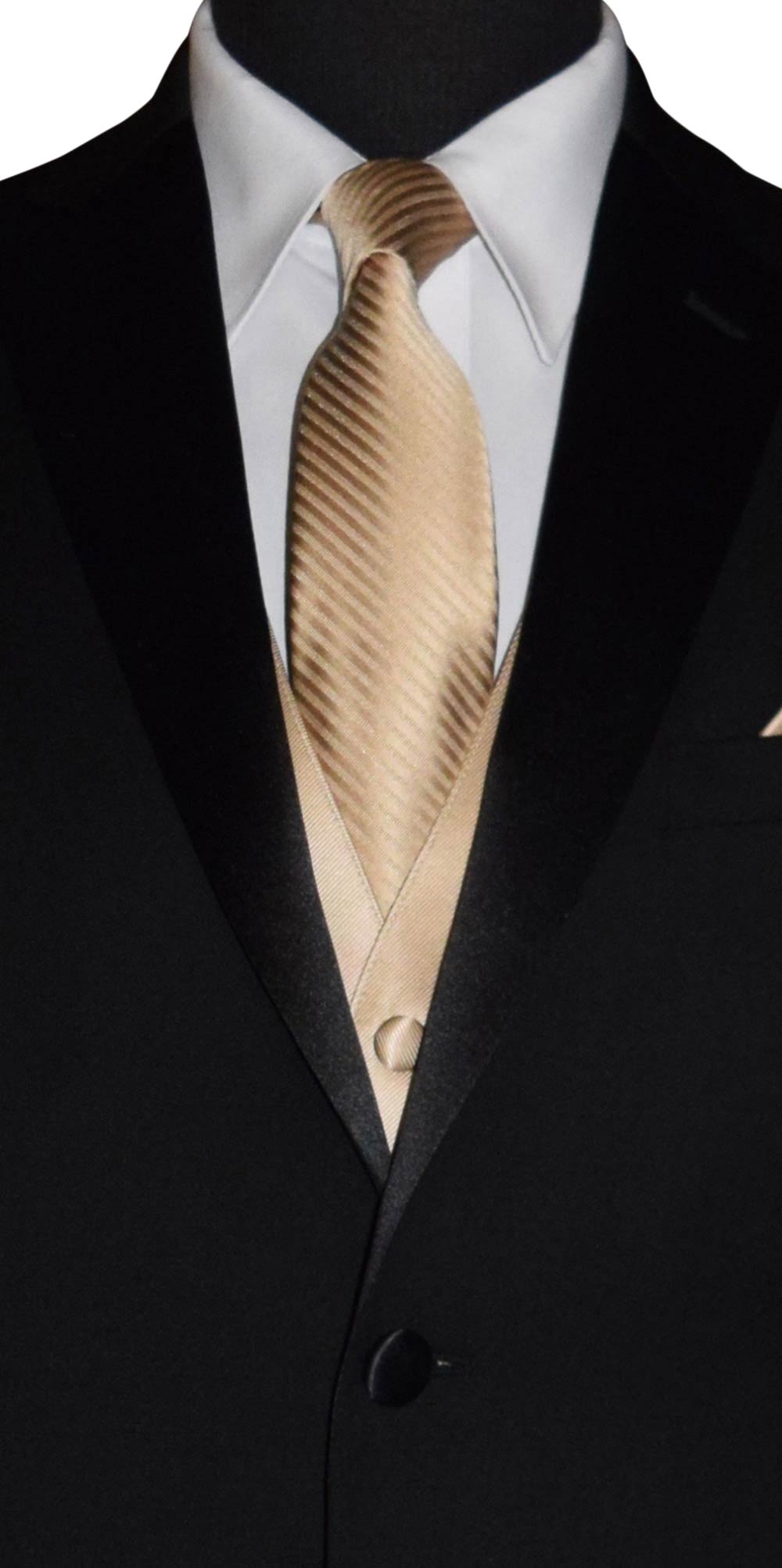 black suit with a golden long necktie with golden stripes and a golden tuxedo vest on a mannequin