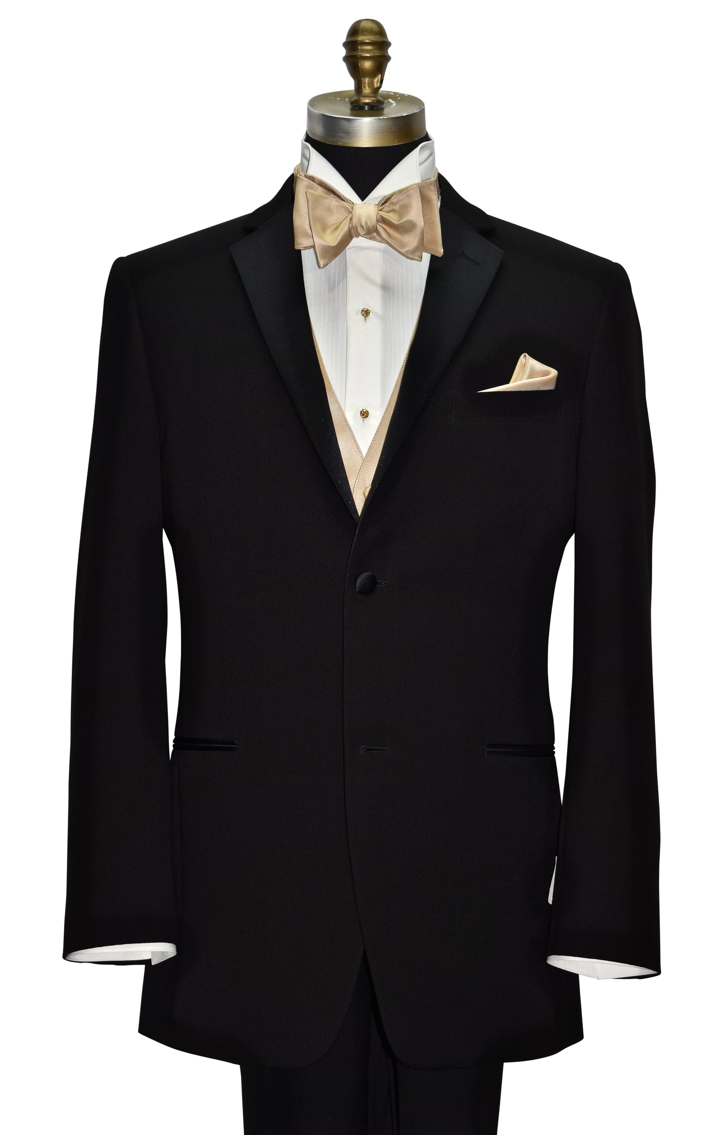 Black notch-lapel tuxedo with white shirt, golden "tie-yourself" bowtie and a golden vest, and pocket square on a mannequin against a white background