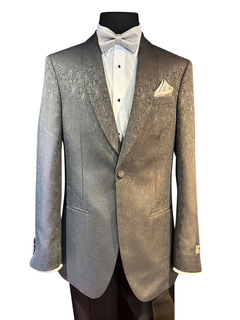 mannequin wearing a gray dinner jacket with slight print with a white tuxedo shirt and gray bowtie.