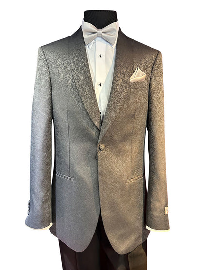 mannequin wearing a gray dinner jacket with slight print with a white tuxedo shirt and gray bowtie.