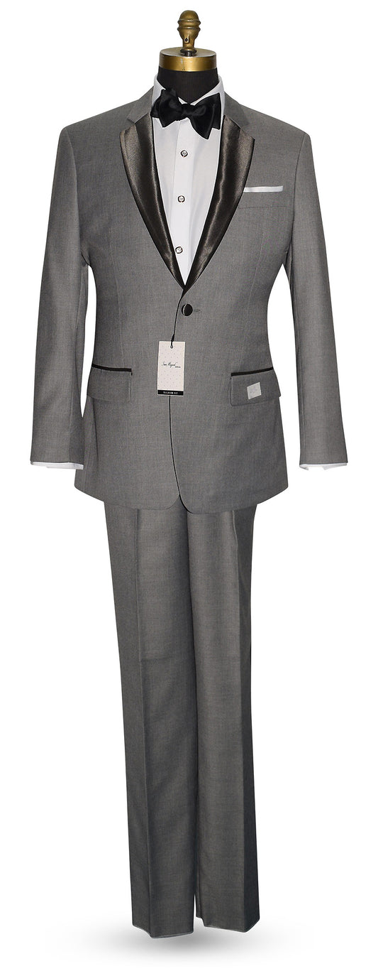 Full length mannequin wearing a gray tuxedo with charcoal gray lapel by San Miguel Formals.
