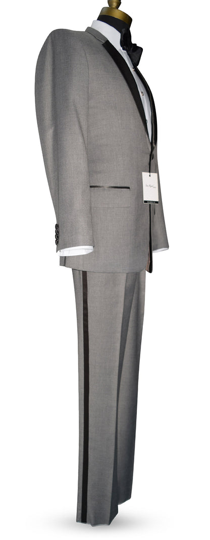 side view of a heather gray tuxedo with charcoal notch lapel against a white background