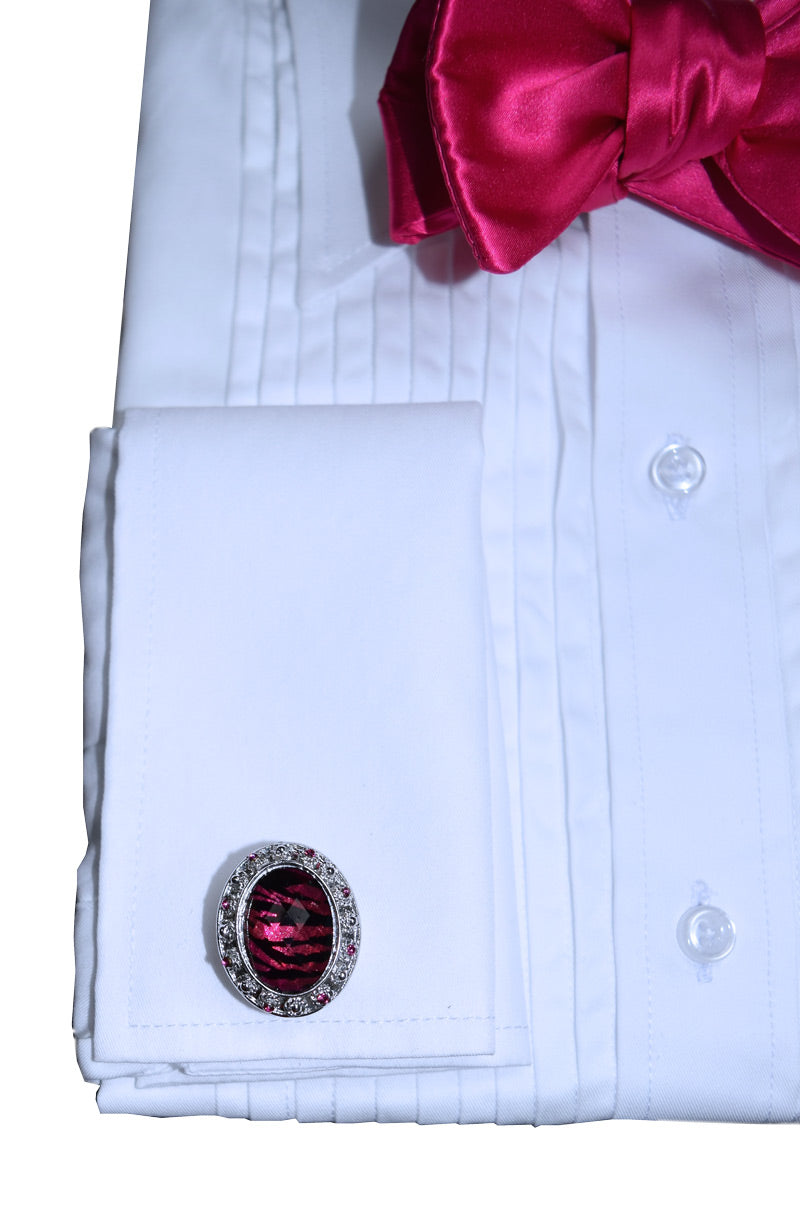 close-up White tuxedo shirt with a hot-pink silk "tie-yourself" bow tie and cufflink on a white background