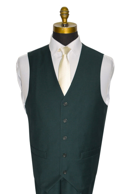 Hunter green vest with a white shirt and ivory necktie on a mannequin against a white background