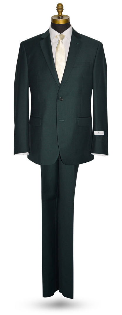 Hunter green suit on a mannequin with a white shirt and ivory necktie against a white background