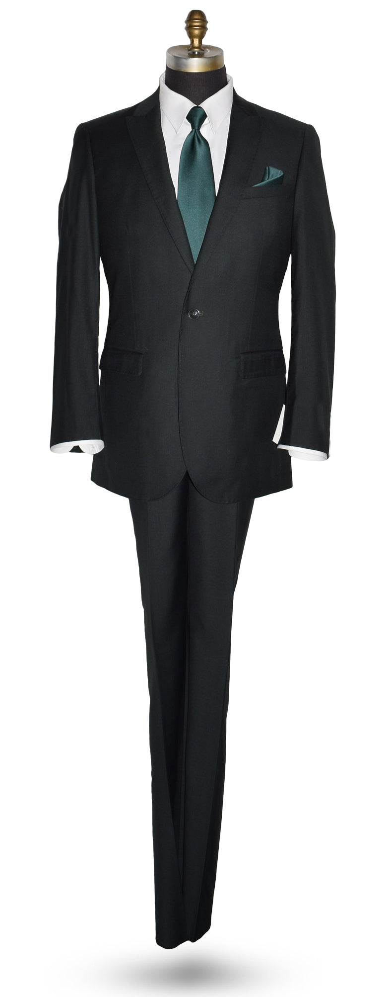 Life size mannequin wearing a men's hunter green suit coat and matching pants with a white dress shirt and green necktie in-front of a white background