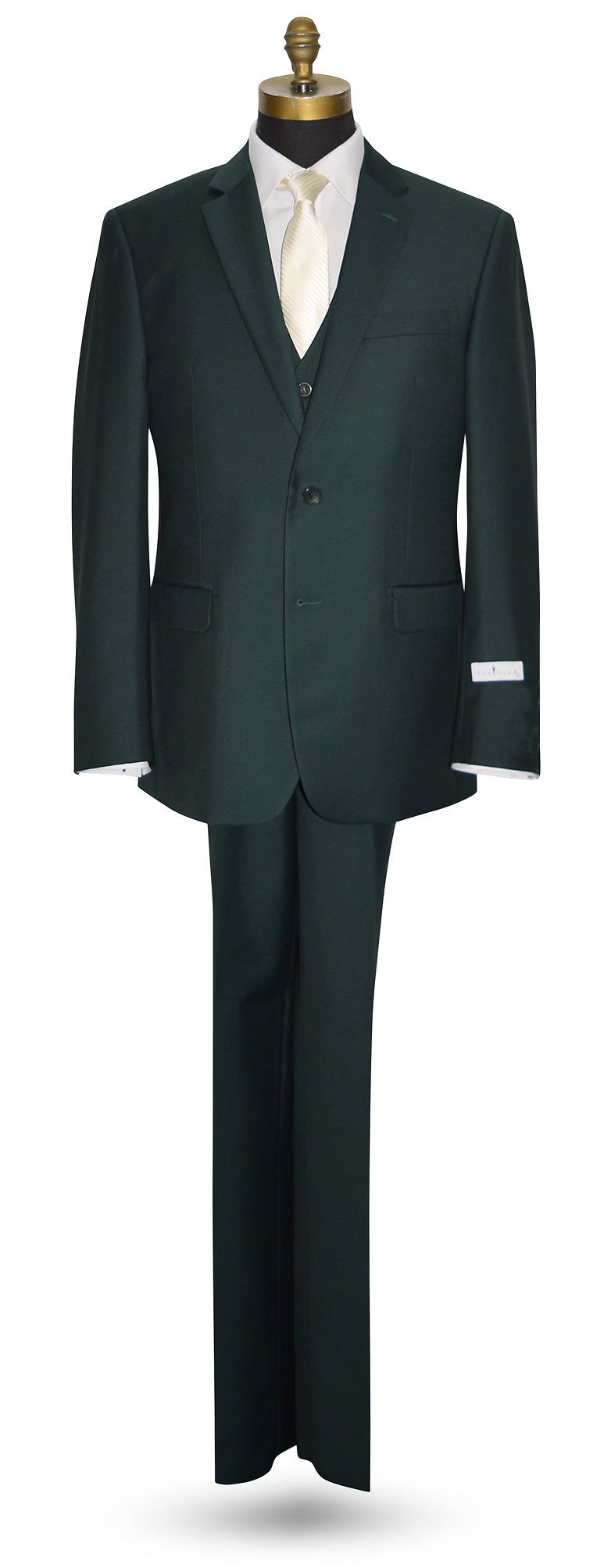 Hunter green 3-piece suit on a mannequin with a white shirt and ivory necktie against a white background.