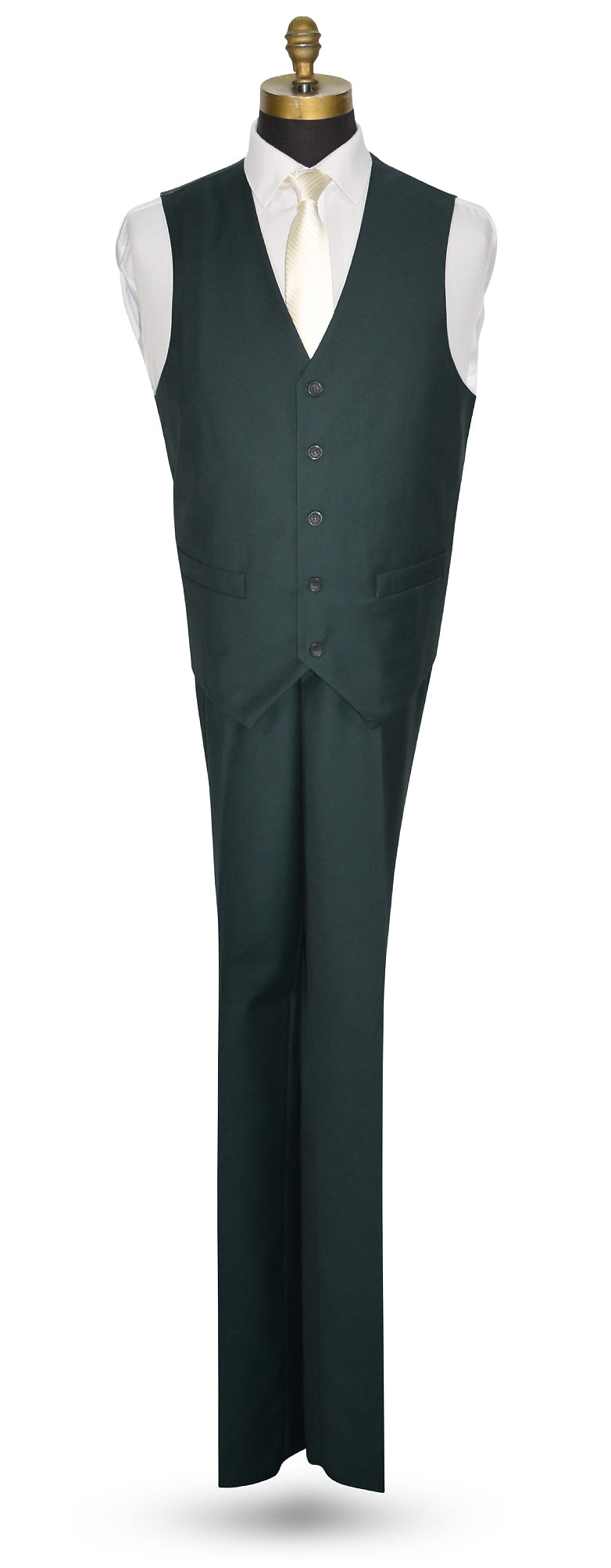 Hunter green vest and pants set on a mannequin against a white background