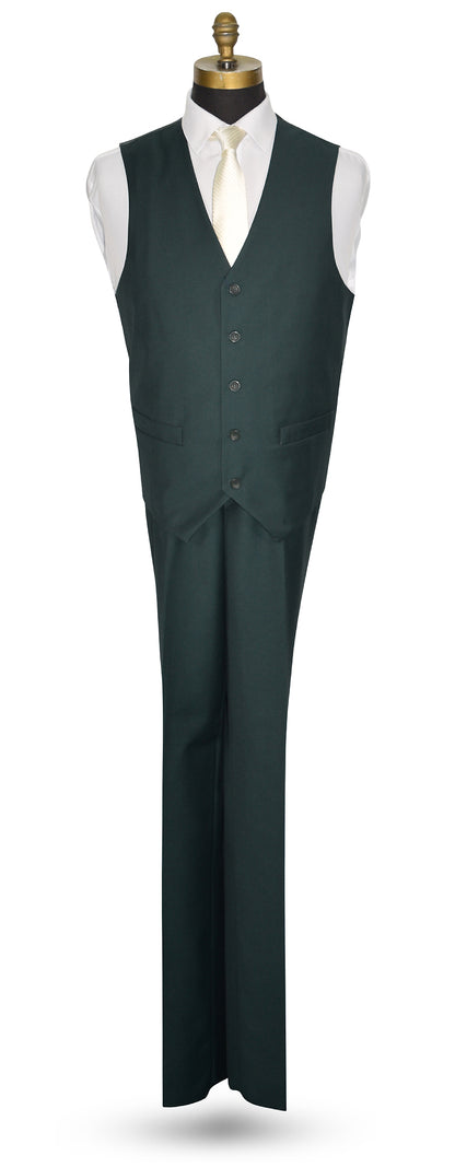 Hunter green vest and pants set on a mannequin against a white background