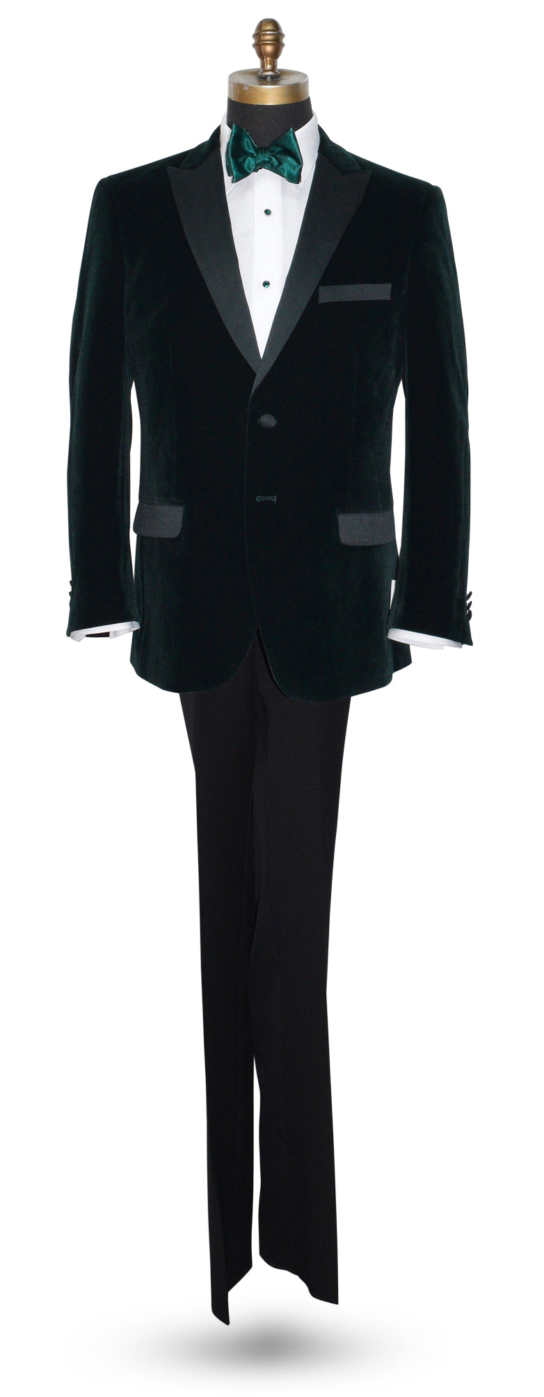 life size mannequin wearing hunter green velvet tuxedo jacket shown with a green silk bowtie against a white background