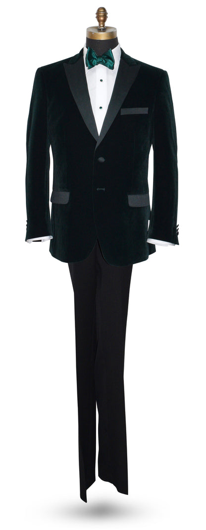 life size mannequin wearing hunter green velvet tuxedo jacket shown with a green silk bowtie against a white background