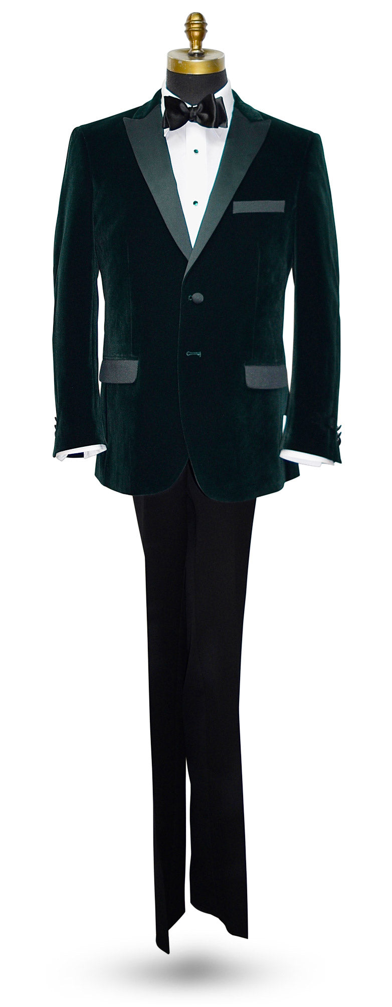 life size mannequin wearing a hunter green velvet tuxedo jacket shown with a black bowtie against a white background