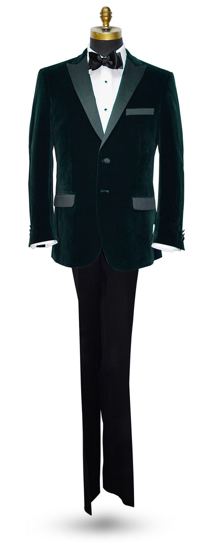 life size mannequin wearing a hunter green velvet tuxedo jacket shown with a black bowtie against a white background
