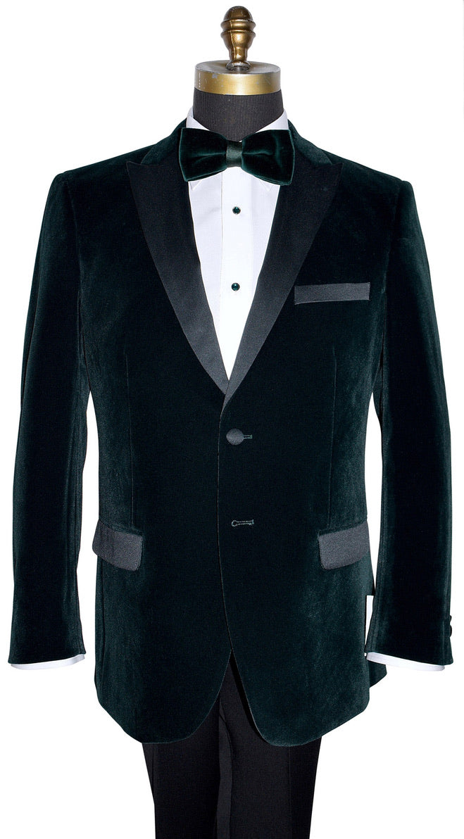 hunter green velvet tuxedo jacket shown with a green velvet bowtie against a white background
