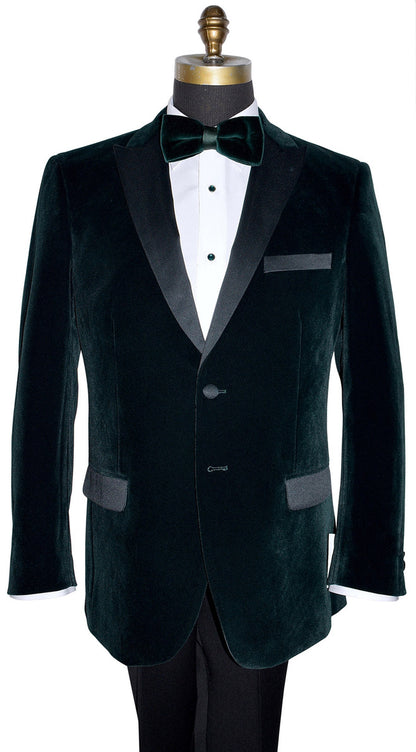 hunter green velvet tuxedo jacket shown with a green velvet bowtie against a white background